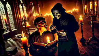 A dark, spectral figure whispers forbidden secrets to Lukas in candlelight.