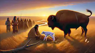 White buffalo calf stands near its mother on the Great Plains as Lakota people watch in awe at dawn.