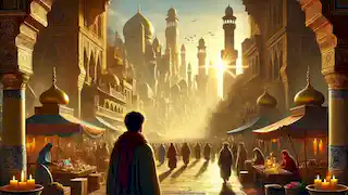 The grand city of Ubar with golden streets, towering minarets, and a bustling marketplace under the sun.