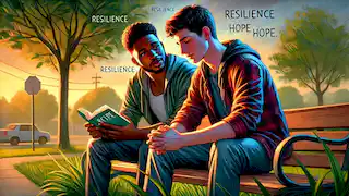 Jerome comforts his friend Sam with encouraging words as they sit on a park bench.