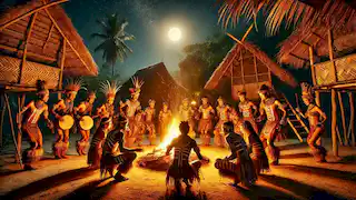 Arawak community dancing around a fire under the moonlight, dressed in traditional attire and jewelry.