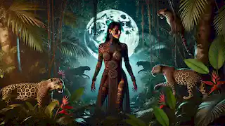  Ix Chel, transformed as the Jaguar Goddess, stands fiercely in the jungle.