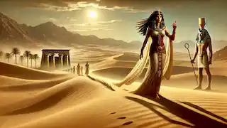 Determined goddess Isis begins her journey through the desert, stepping forward against sand dunes and a blazing sun