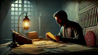 The vizier studying documents by lantern light, contemplating a potential conspiracy late at night.