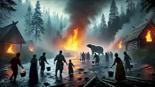 Aiden and the Spirit Bear stand near the river while villagers gather water to extinguish the flames in the forest.