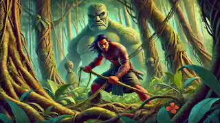 Maui carefully cuts strong vines in a dense jungle, with guardian creatures watching from the shadows.