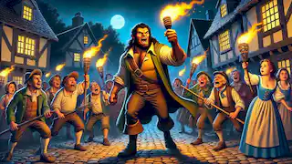 Gaston leads a mob of villagers with torches, inciting them to attack the Beast's castle at night.