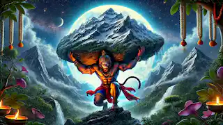 Hanuman lifting the entire Dronagiri mountain under a moonlit sky with detailed greenery.