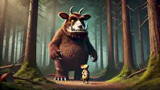 The mouse stands next to the towering Gruffalo, unfazed, in a dark and dense forest with looming trees all around.