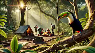 Tico the toucan hiding behind a branch, cautiously observing a human camp set up in the rainforest.