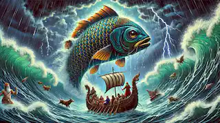 Matsya, the giant fish, guides Manu's boat through a stormy ocean during the great deluge.