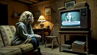 Amy, in disguise, sits in a run-down cabin, watching a news report about her disappearance on television.