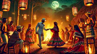 Amazonian festival at night with villagers dancing by a bonfire, a man in a white suit approaches a woman in red.