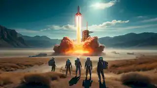 A homemade spaceship launches in the Nevada desert as four friends watch from a distance, dressed in spacesuits.