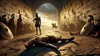 Achilles lies on the ground, struck by an arrow in his heel, while Paris watches from a distance, bow in hand.