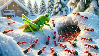 The grasshopper begs ants for food during winter.