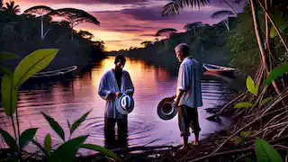 A man by the Amazon Riverbank at dusk, removing his hat to reveal his identity as the Pink River Dolphin.