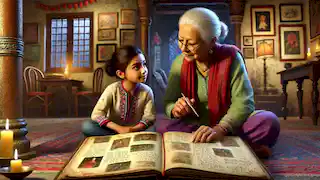 Maya and her grandmother look at a faded family journal filled with memories in a cozy, lamplit room.