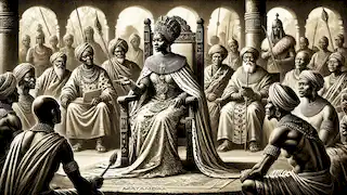 Queen Nzinga in her later years, holding court in Matamba, surrounded by elders, warriors, and advisors.