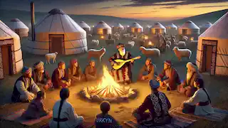 A bard sings by a fire in a Kazakh village while villagers, including Turkyn, listen beneath the twilight sky.