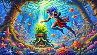 Gilgamesh diving into the ocean to retrieve the plant of rejuvenation. The scene shows Gilgamesh underwater, surrounded by vibrant sea life, reaching for a glowing plant at the ocean's depth.