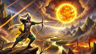 Hou Yi aims his divine bow at the sky, shooting down one of the blazing suns, with a barren landscape below.