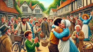 Villagers welcoming Huck and Tom back to Woodbridge with open arms and joy.