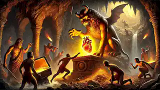 Satyrs retrieve the glowing Heart of Helios from a cavern while distracting a roaring chimera with music and agility