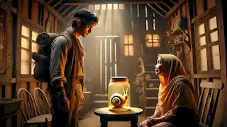 Raden Inu listens to Mbok Sarni's story of the golden snail in her humble home, with hope in his eyes.