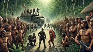 Yanomami tribe confronting illegal gold miners in the rainforest, determined to protect their land.