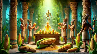 Mayan gods creating the first humans from maize around a sacred altar with glowing light.