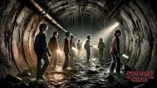 The Losers' Club walks through dark, narrow sewers with flashlights, shadows flickering on the grimy walls.