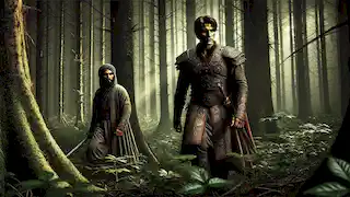 Rostam and Prince Shaghad walk through a dense forest; Shaghad casts a sly glance, hinting at betrayal.