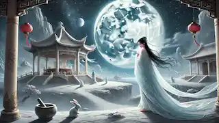 Chang'e walks through her celestial palace on the moon, her robes glowing as the Jade Rabbit works with a mortar and pestle.