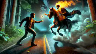 A man throws a gold coin toward the Dullahan on a narrow road, as the rider holds his glowing head and recoils.