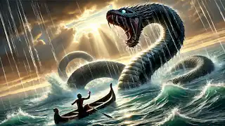  The Great Serpent rising from the lake as Awan, struggling to stay afloat, looks up in terror at the massive creature.