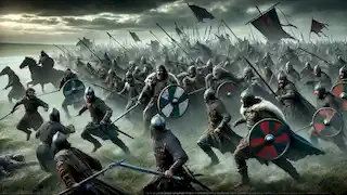  Ulster and Connacht warriors in a stormy battlefield, clashing fiercely with shields and weapons in the final battle.