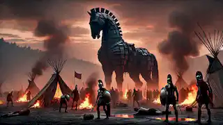 Greek soldiers burn their camp as the giant Trojan Horse stands tall, preparing to leave Troy in deception.