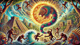 Quetzalcoatl as a feathered serpent in the sky, with humans turning into monkeys during the Wind Sun age.