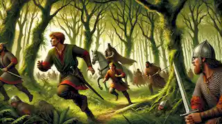 Diarmuid and Gráinne fleeing through dense forests, with Fionn and his warriors in pursuit.