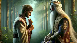 The sage Zal offers guidance to King Jamshid in a serene forest, symbolizing humility.