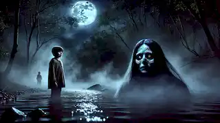 The young boy Diego encountering La Llorona by the river at night, mist rising from the water.