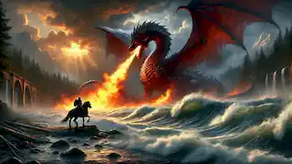 Er Tostik confronts a fiery dragon by a raging river, his sword raised and his steed Kambar by his side.