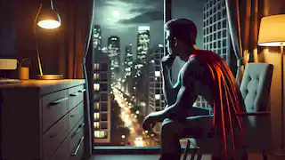 A young man sits by his window, looking out at the city, with his superhero costume hanging on a chair.