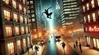 A hero swings between two skyscrapers in New York at night while criminals flee on the street below.