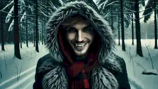 A mysterious stranger in a fur coat with sharp teeth smiles eerily at the girl in the snowy forest.