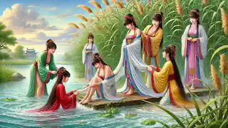 Niulang quietly takes Zhinu's robe while she and her sisters bathe in the river.