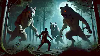 Esfandiyar defends himself against two massive wolves lunging toward him in a dark, foggy forest.