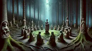 A mystical forest clearing filled with Odel carvings arranged in a circle under moonlight, centered on a figure resembling Lukas.