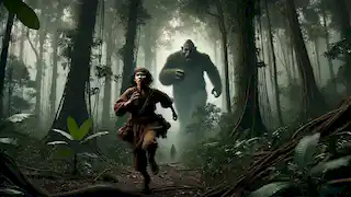 Timun Mas running through a thick forest, chased by the towering Buto Ijo as she clutches her magical bag.